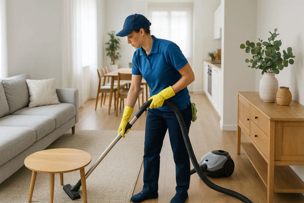 Professional cleaner vacuuming a modern Perth home during residential house cleaning service, keeping living areas clean and organised.