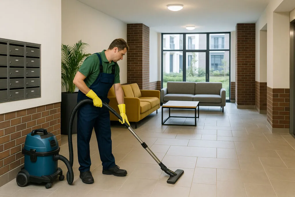 Commercial cleaner cleaning a strata property.